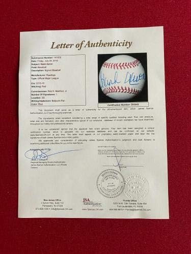 Ханк Аарон, с автограф (Пълно писмо JSA) Официален бейзбол (Рядък / Ретро) - Бейзболни топки с автографи