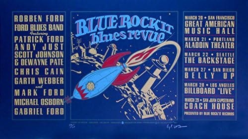 Плакат на турне Blue Rocket Сините Revue 1997 С Шелкографией , Подписан от Гари Хьюстоном