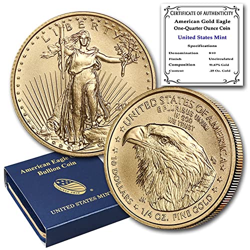 Монета без мента 2022 г., 1/4 унция, американският Златен Орел, Лъскава, без движение, с оригиналната кутия на Монетния двор на Съединените Щати и сертификат за автентич