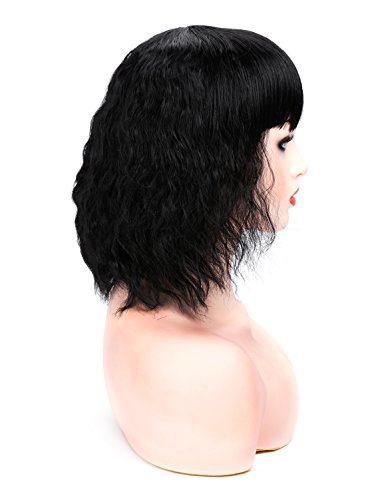много кратък, вълнообразни черна перука Боб с бретон от естествени термоустойчиви синтетични коса, перуки за cosplay, костюмированной