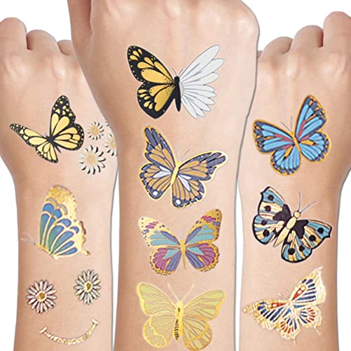 Татуировка с блестяща пеперуда CHARLENT за момичета - 93 БР., Временна Татуировка с Блестяща Златна Пеперуда и Маргариткой за Декорация