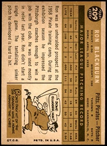 1960 Topps # 209 Рон Блекбърн Питсбърг Пайрэтс (Бейзболна картичка) EX/MT+ Пирати