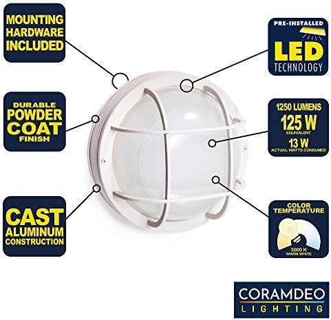 Уличен 10-инчов кръг led лампа CORAMDEO на морската стена, Розетка за закрепване на стената или тавана, Във влажни помещения, 125 W,