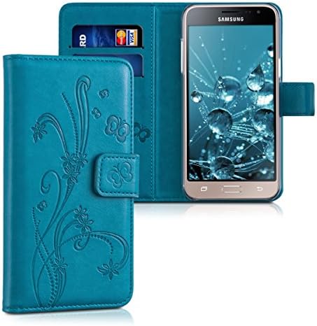 чанта-портфейл kwmobile, Съвместим с Samsung Galaxy J3 () DUOS - Калъф от изкуствена кожа - Butterfly Tendril Тъмно син