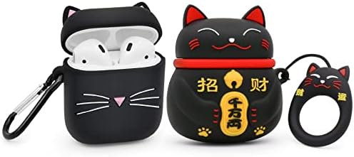 Megantree 2 Опаковки Сладък калъф за Airpods с мустаци, Котка, Черен Калъф за Airpods Лъки Котка 2, Забавен 3D Cartoony Котка Коте, устойчив